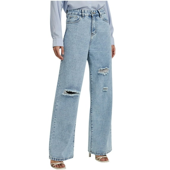 Ripped Jeans Straight Leg Women High Waist Trendy Denim Pants Distressed Holes Y2k Wide Legged Trousers Streetwear (M, Light Blue)