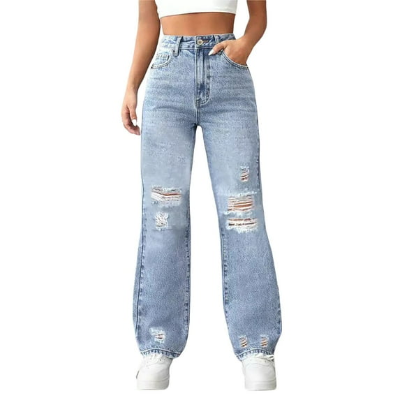 Ripped Jeans Womens, Audhol Jeans Women's High Waist Baggy Jeans Ripped Women's Jeans Denim Straight Trousers Baggy Jeans for Woman Blue S