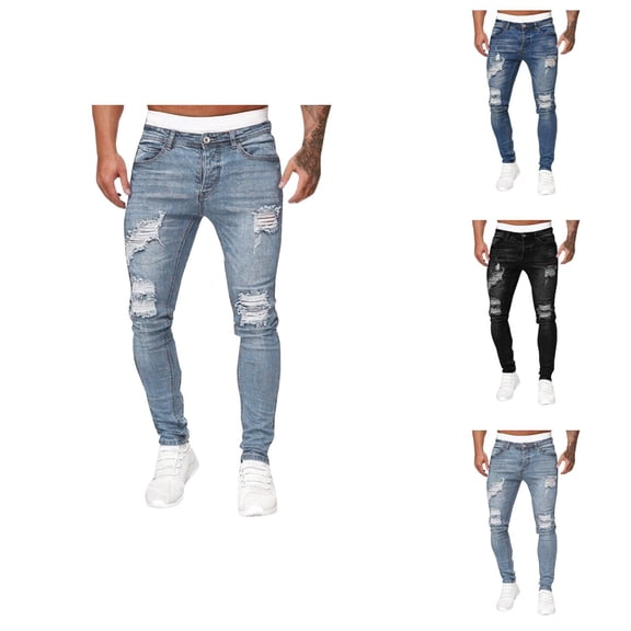 Ripped Jeans for Men Washed Distressed Slim Fit Stretch Denim Pants with Pockets Casual Trousers
