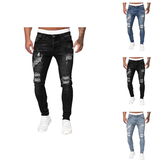 Ripped Jeans for Men Washed Distressed Slim Fit Stretch Denim Pants with Pockets Casual Trousers