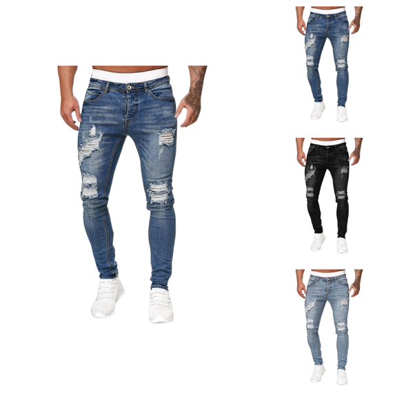 Ripped Jeans for Men Washed Distressed Slim Fit Stretch Denim Pants with Pockets Casual Trousers