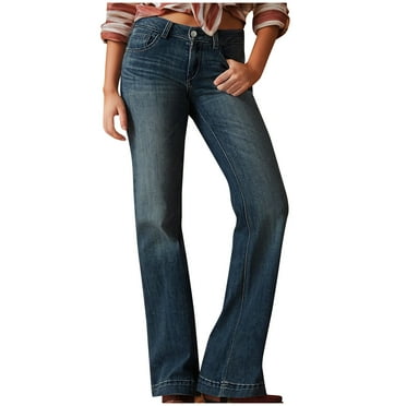 Ripped Jeans for Woman Women's Mid Waisted Boot Cut Jeans, Dark Wash Flare Bottom Denim Pants with Pockets Blue L