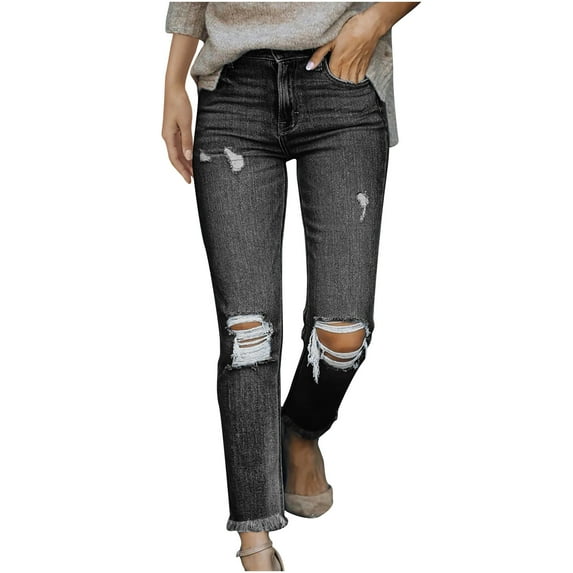 Ripped Jeans for Women Mid Waisted Stretch Destroyed Skinny Classic Denim Leggings Pants Trousers for Women