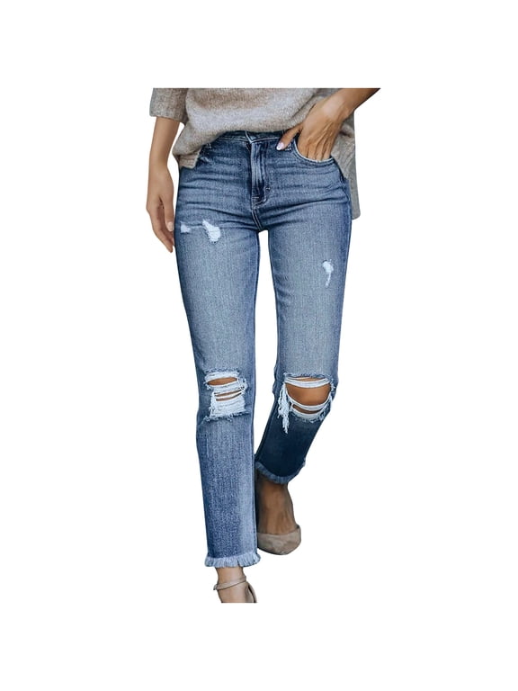 Ripped Jeans for Women Regular Relaxed Straight Leg Jeans Trendy High Waist Vintage Mom Jeans Boyfriend Jeans for Women Stretch Jeans