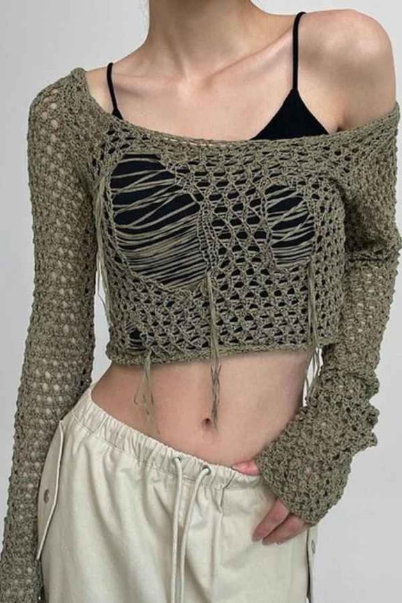 Ripped Knitted Long Sleeve See-Through Crop Top (M, Black)