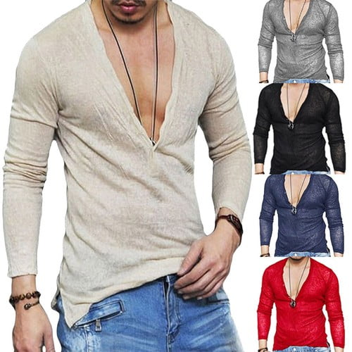 Ripped Mens Casual T-Shirt Slim Fit Muscle Top Long Sleeve Linen Summer Shirt