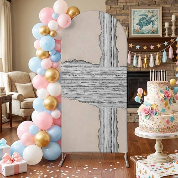 Ripped Paper Arch Backdrop Covers 4 FT, Rustic Abstract Beige Back White Textured Stretchy Fitted Arched Stand Covers Party Arch Stand Cover Photo Booth for Wedding Birthday Decor