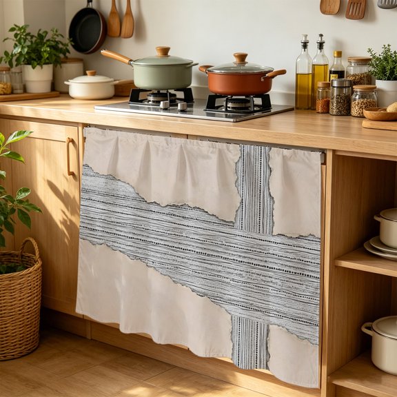 Ripped Paper Cabinet Curtains for Kitchen 35"W x 35"L, Rustic Abstract Beige Back White Textured Laundry Sink Cabinets Magic Tape Short Curtain Privacy Panel for Bathroom Vanity Cabinets