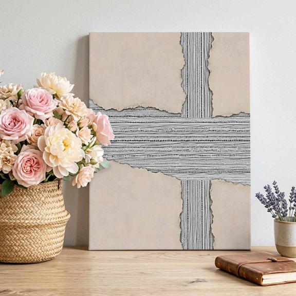 Ripped Paper Canvas Wall Art, Rustic Abstract Beige Back White Textured Pictures Wall Decor Wooden Framed Artwork Art Prints for Living Room Hallway Bedroom Office 24"x32"