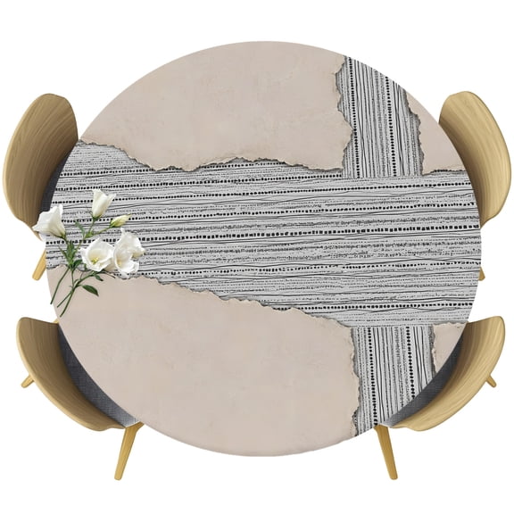 Ripped Paper Round Tablecloth 36-44 Inch Round Fitted Table Cloth with Elastic Edge, Abstract Farmhouse Rustic Lines Retro Beige Waterproof Table Cover Protector for Outdoor Picnic Party Dining