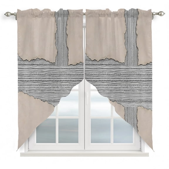 Ripped Paper Swag Curtain Valance for Windows, Rustic Abstract Beige Back White Textured Window Treatments Short Swag Topper for Kitchen Windows Bathroom Bedroom, 36"x63"