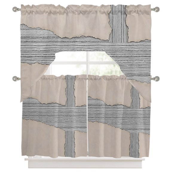 Ripped Paper Swag and Tier Curtains Set, Rustic Abstract Beige Back White Textured Kitchen Valances with Tier Curtains 36 in Long, Light Filtering Curtains for Sink Laundry Bathroom