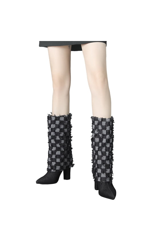 Ripped Plaid Denim Fold over Cowboy Boots for Women Vintage Fashion Checkered Pointed Toe Chunky High Heels Mid Calf Cowgirl Dress Boots