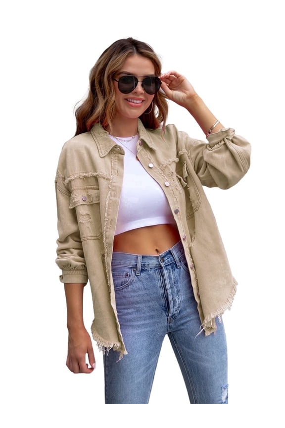 Women's Oversized Distressed Denim Shacket - Long Sleeve Button Down Lapel Jacket & Coat S-2XL
