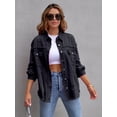 thumbnail image 1 of Ripped Raw Edge Oversized Denim Jacket, Distressed Collar Long Sleeves Denim Coat, Flap Pockets Single-breasted Button Up Loose Denim  Jacket, Women's Denim Jeans & Clothing, 1 of 7