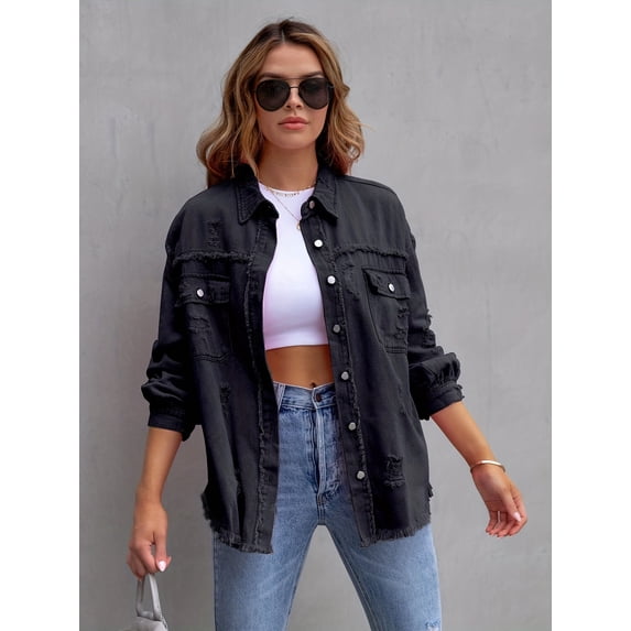 Ripped Raw Edge Oversized Denim Jacket, Distressed Collar Long Sleeves Denim Coat, Flap Pockets Single-breasted Button Up Loose Denim Jacket, Women's Denim Jeans & Clothing