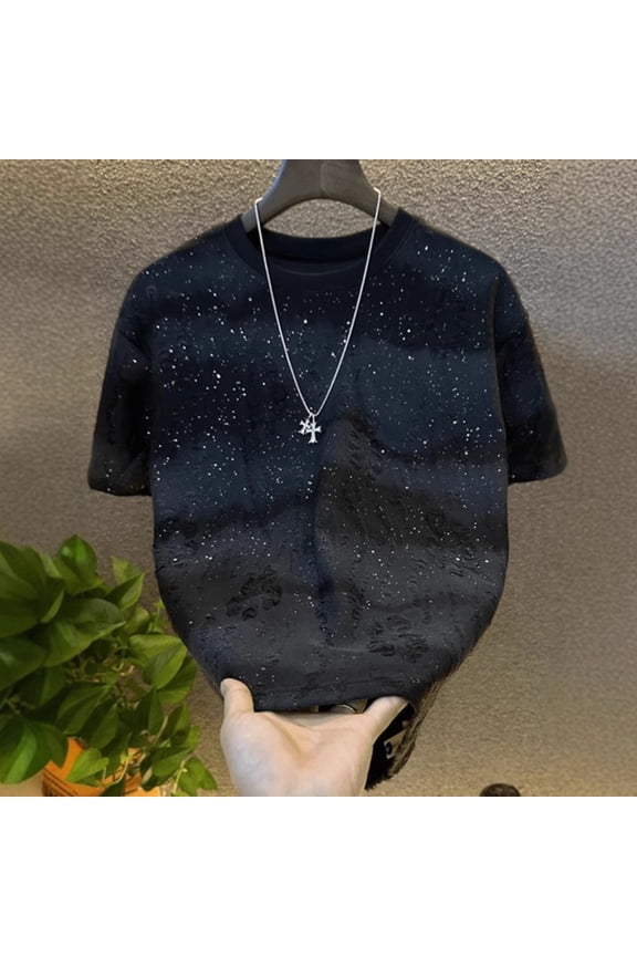 Ripped Rhinestone Men's T-Shirt, Short Sleeve Casual Top T-Shirts for Men Fashion Summer Tee