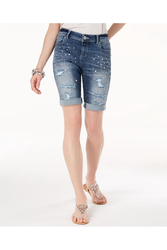 Ripped Studded Bermuda Shorts Medium Indigo 2