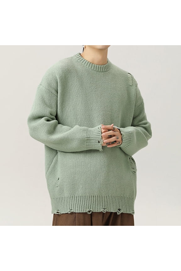 Ripped Sweaters for Men Trendy Long Sleeve Crewneck Sweatshirts Pullover Solid Color Chunky Knitted Thermal Warm Going Out Streetwear Sweater Tops