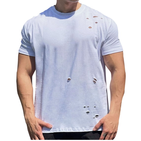 Ripped T Shirts for Men Short Sleeve Crewneck Hollow-Out Tees Tops Mens Casual Solid Color Pullover Slim Breathable Going-Out Streetwear Tshirts Shirt