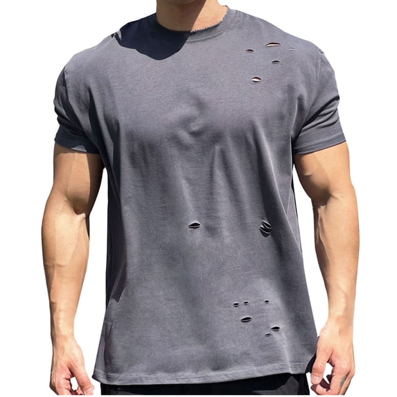 Ripped T Shirts for Men Short Sleeve Crewneck Hollow-Out Tees Tops Mens Casual Solid Color Pullover Slim Breathable Going-Out Streetwear Tshirts Shirt