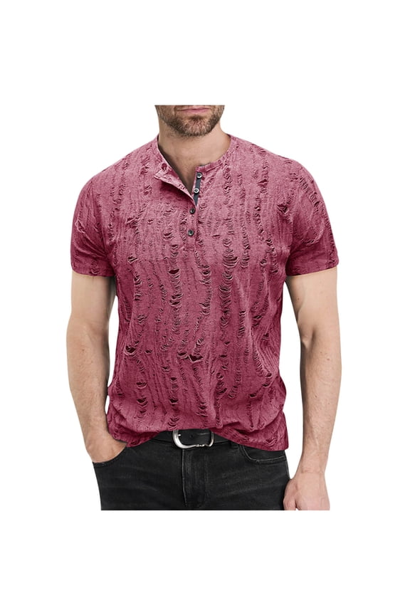 Ripped T Shirts for Men Short Sleeve Button Crewneck Tees Tops Mens Casual Solid Color Pullover Slim Breathable Vintage Streetwear Tshirts Shirt
