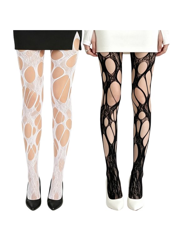 Ripped Tights for Women Black White Fishnet Stockings Goth Rave 2Pairs