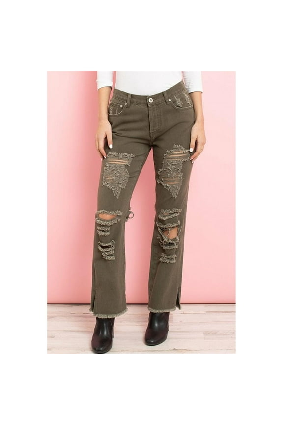 Ripped detail frayed hem wide leg jeans