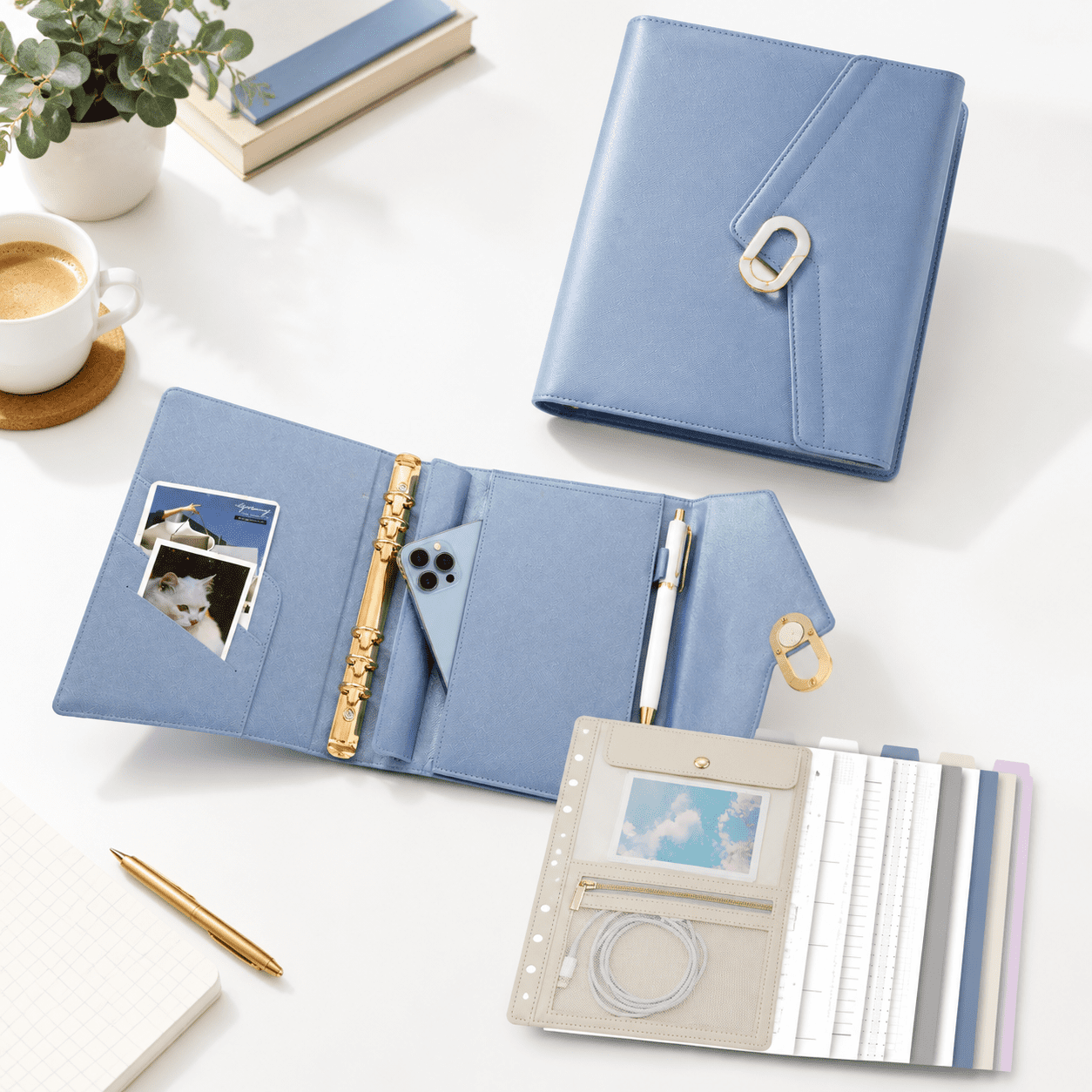 Zipper A5 Ripple Blue Faux Leather A5 6-Ring Refillable Planner with Zipper Pouch ...