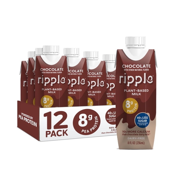 Ripple Chocolate Non-Dairy Milk, Plant-Based, Shelf Stable, 8g Protein, 8 oz, Pack of 12