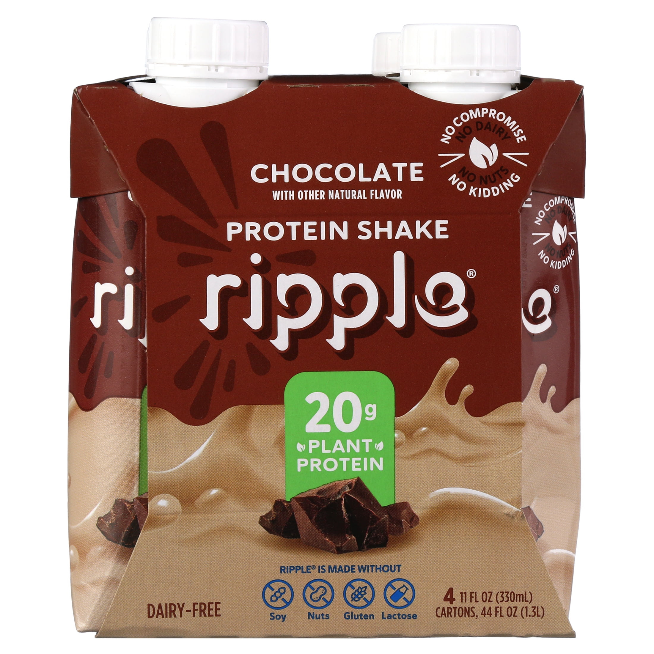 Ripple Chocolate Vegan Protein Shake, Shelf Stable 11 fl oz Pk of 4