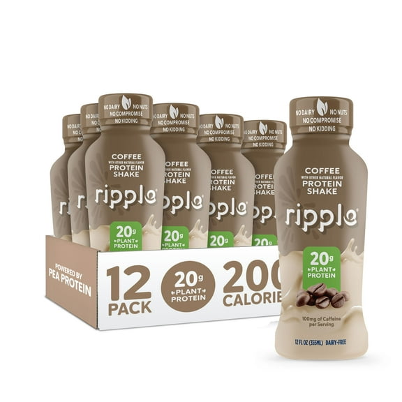 Ripple Coffee Flavored Vegan Protein Shake, Shelf Stable, 12 fl oz, 12 Pack