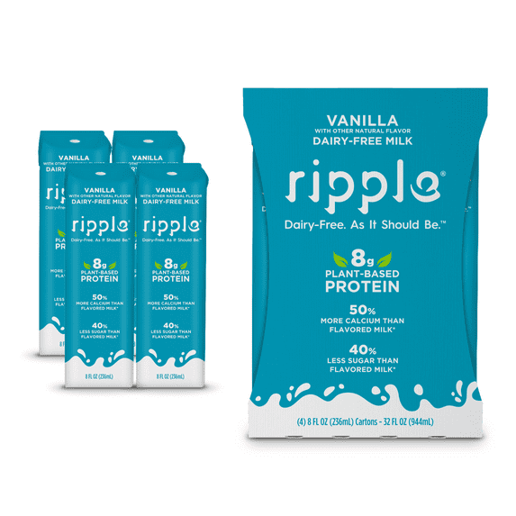 Ripple Non-Dairy Milk, Vanilla | Vegan Milk with 8g Pea Protein | Non-GMO, Plant Based, 8 oz, Pack of 4