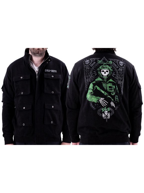 Call of Duty Men's Military Cargo Full Zip Jacket Ghost Task Force 141 Embroidery Patches Black Medium