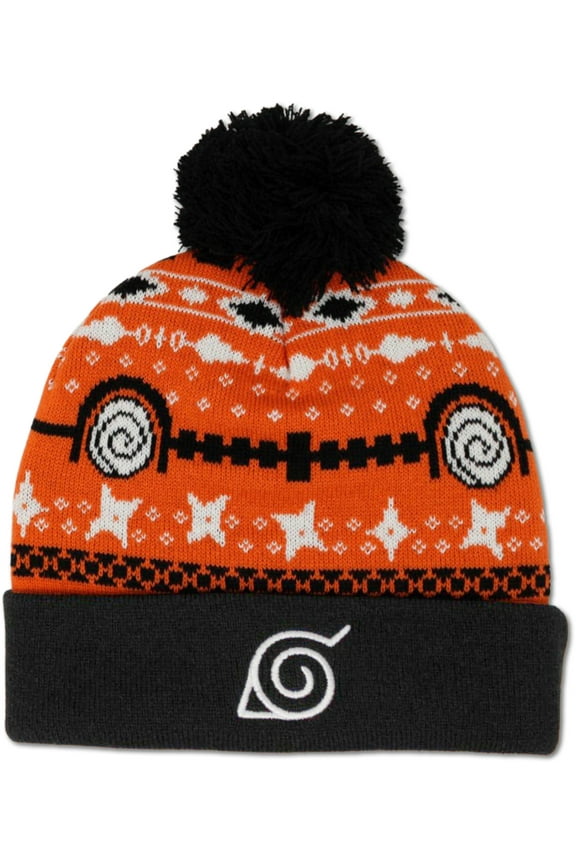Naruto Shippuden Adult Cuffed Pom Beanie Konohagakure Symbol Anime Officially Licensed One Size