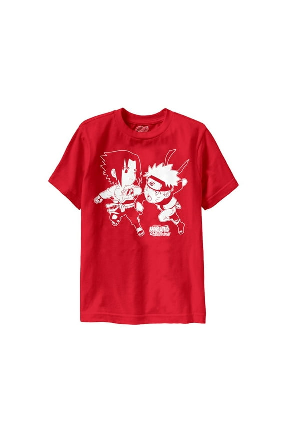 Naruto Shippuden Sasuke Naruto Chibi Battle Youth Heavy Weight 100% Cotton Crew T-Shirt Red