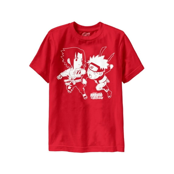 Naruto Shippuden Sasuke Naruto Chibi Battle Youth Heavy Weight 100% Cotton Crew T-Shirt YL (14/16) Red