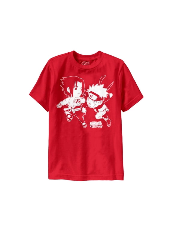 Naruto Shippuden Sasuke Naruto Chibi Battle Youth Heavy Weight 100% Cotton Crew T-Shirt YS (6/8) Red
