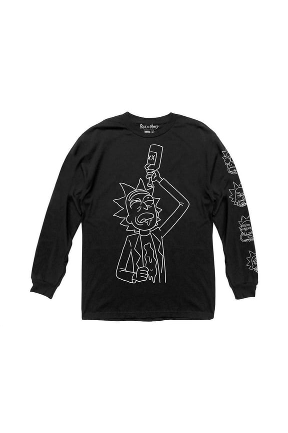 Rick and Morty Adult Unisex Rick Drinking and Burping Light Weight 100% Cotton Long Sleeve Crew T-Shirt Small Black
