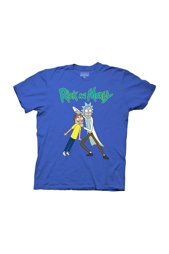 Rick and Morty Rick Holding Morty's Eyes Adult T-Shirt Small Royal Blue