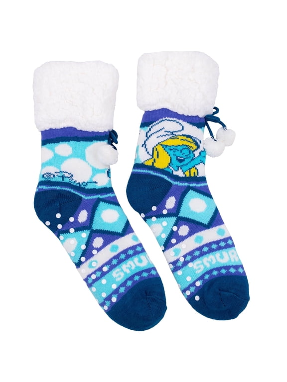 The Smurfs Womens Slipper Sherpa Socks Smurfette Non-Slip Grip Bottoms Classic Cartoon Officially Licensed