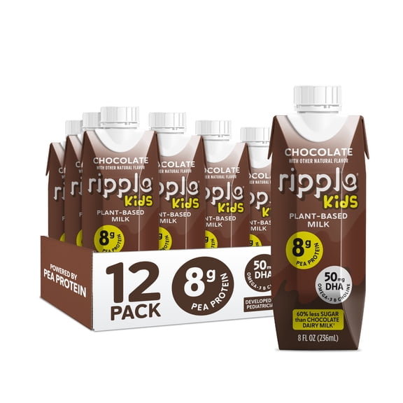 Ripple Kids Chocolate Non-Dairy Milk 8g Pea Protein l Shelf-Stable l Singe Serve Cartons l Plant Based (8 Fl Oz (Pack of 12), Kids Chocolate)