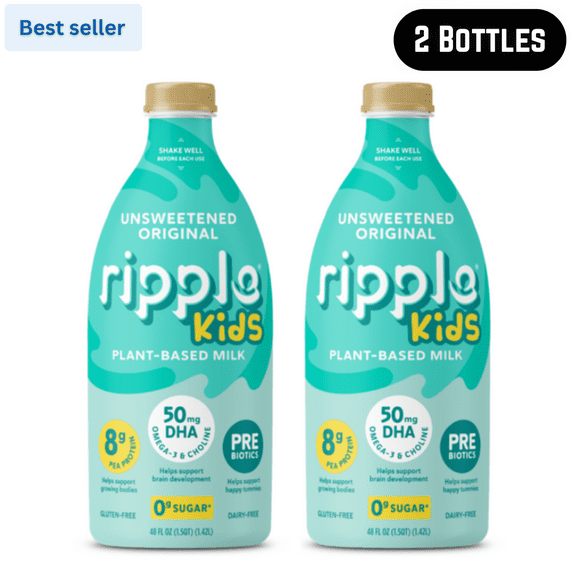 Ripple Kids Dairy-Free Plant-Based Unsweetened Original Milk, 48 fl oz, 2 Pack