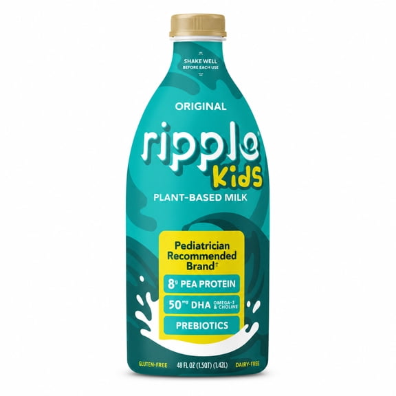 Ripple Kids Plant-Based Milk, Original, Refrigerated, 48 fl oz Bottle Dairy-Free Kids Milk Alternative with Pea Protein, DHA, and Prebiotics
