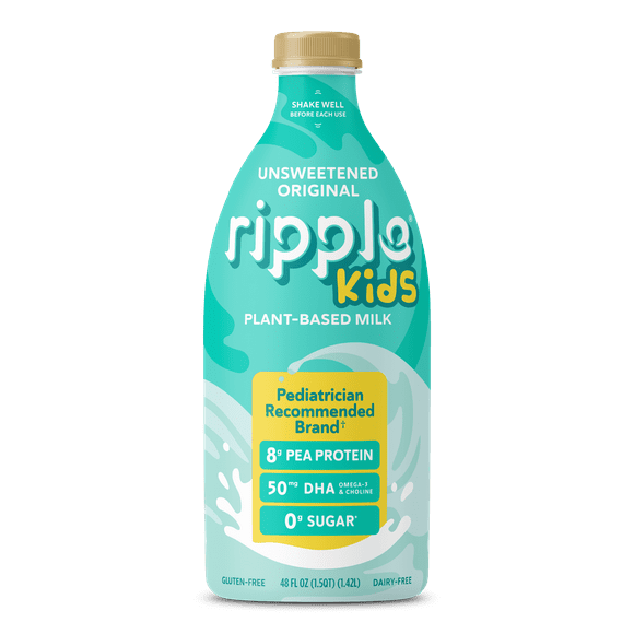 Ripple Kids Original Unsweetened Plant-Based Milk, 48 fl oz Refrigerated Bottle, Pediatrician-Approved, DHA & Prebiotic Fiber