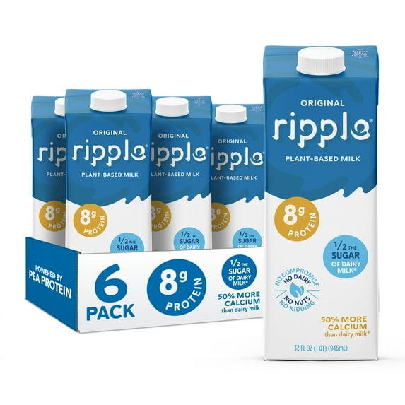 Ripple Original Non-Dairy Milk, Plant-Based, Shelf Stable, 32 oz, Pack of 6