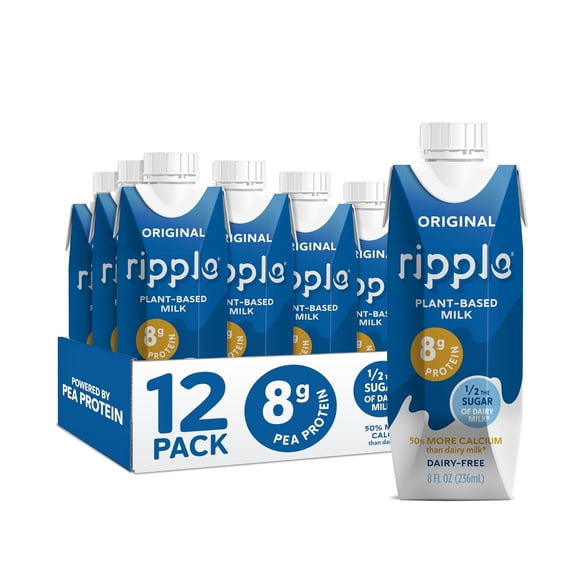 Ripple Original Non-Dairy Milk, Plant-Based, Shelf Stable, 8g Protein, 8 oz, Pack of 12 Vegan Drinks