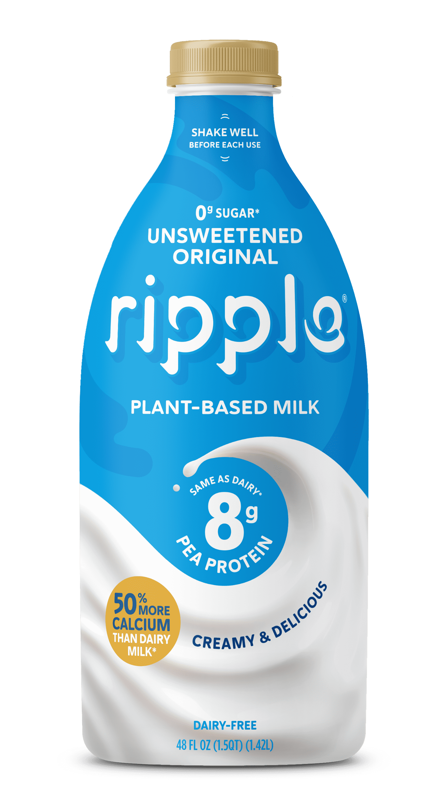 Ripple Plant-Based Milk, Original Unsweetened, Refrigerated, 48 fl oz Bottle – Vegan Dairy-Free Milk Alternative with Pea Protein for Cereal, Smoothies, and Everyday Use