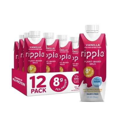 Ripple Vanilla Non-Dairy Milk, Plant-Based, Shelf Stable, 8g Protein, 8 oz, Pack of 12 Vegan Drinks