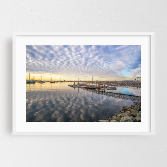 Rippled Clouds Sunrise - San Diego California Photography Harbor Boat Water Scenic Sunset Coastal Landscape White Framed Wall Art Print 5 x 7 inches